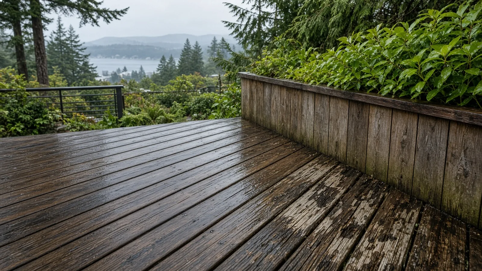 Editorial photograph illustrating Why Deck Boards Rot in Vancouver's Wet Climate
