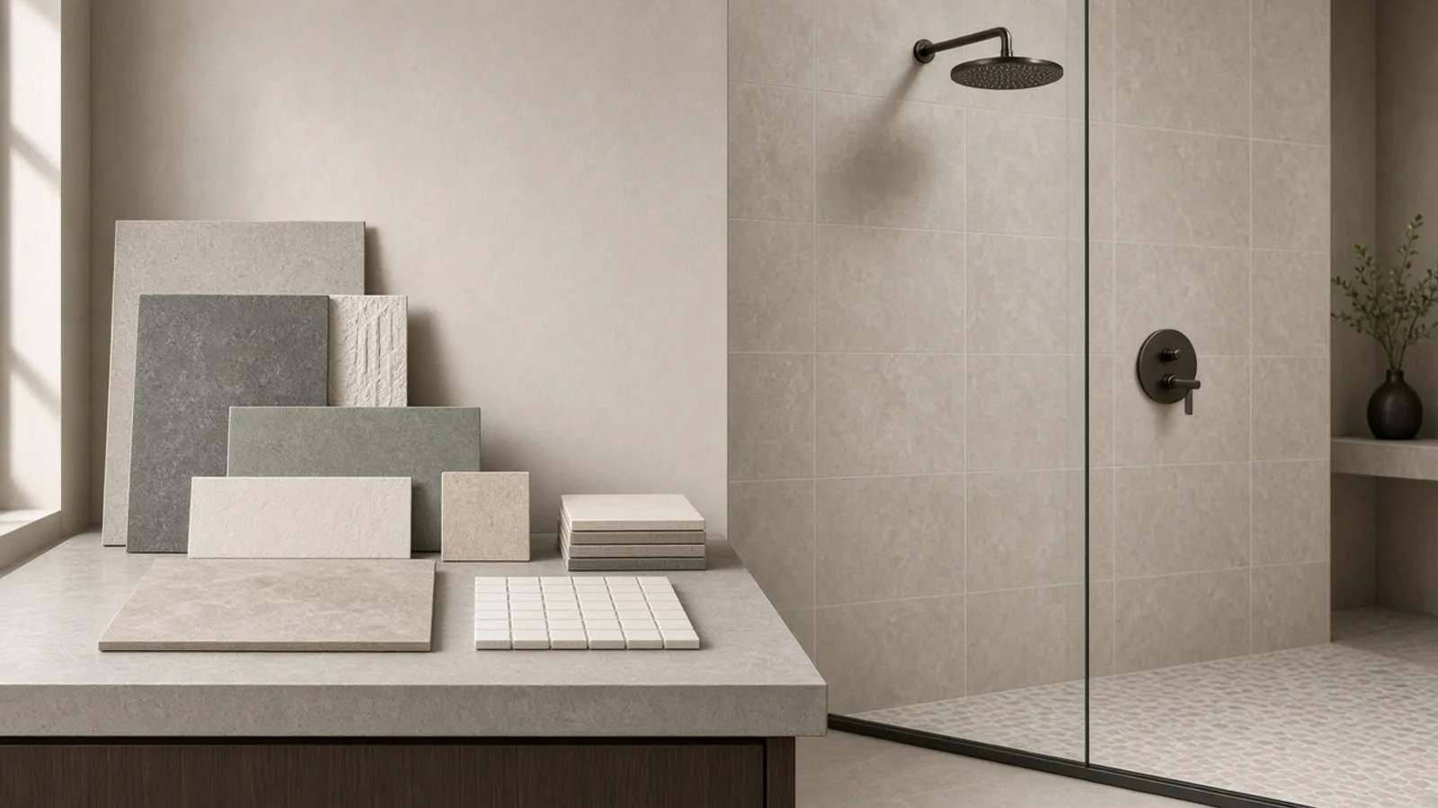 Editorial photograph illustrating Porcelain vs Ceramic Tile for Bathrooms