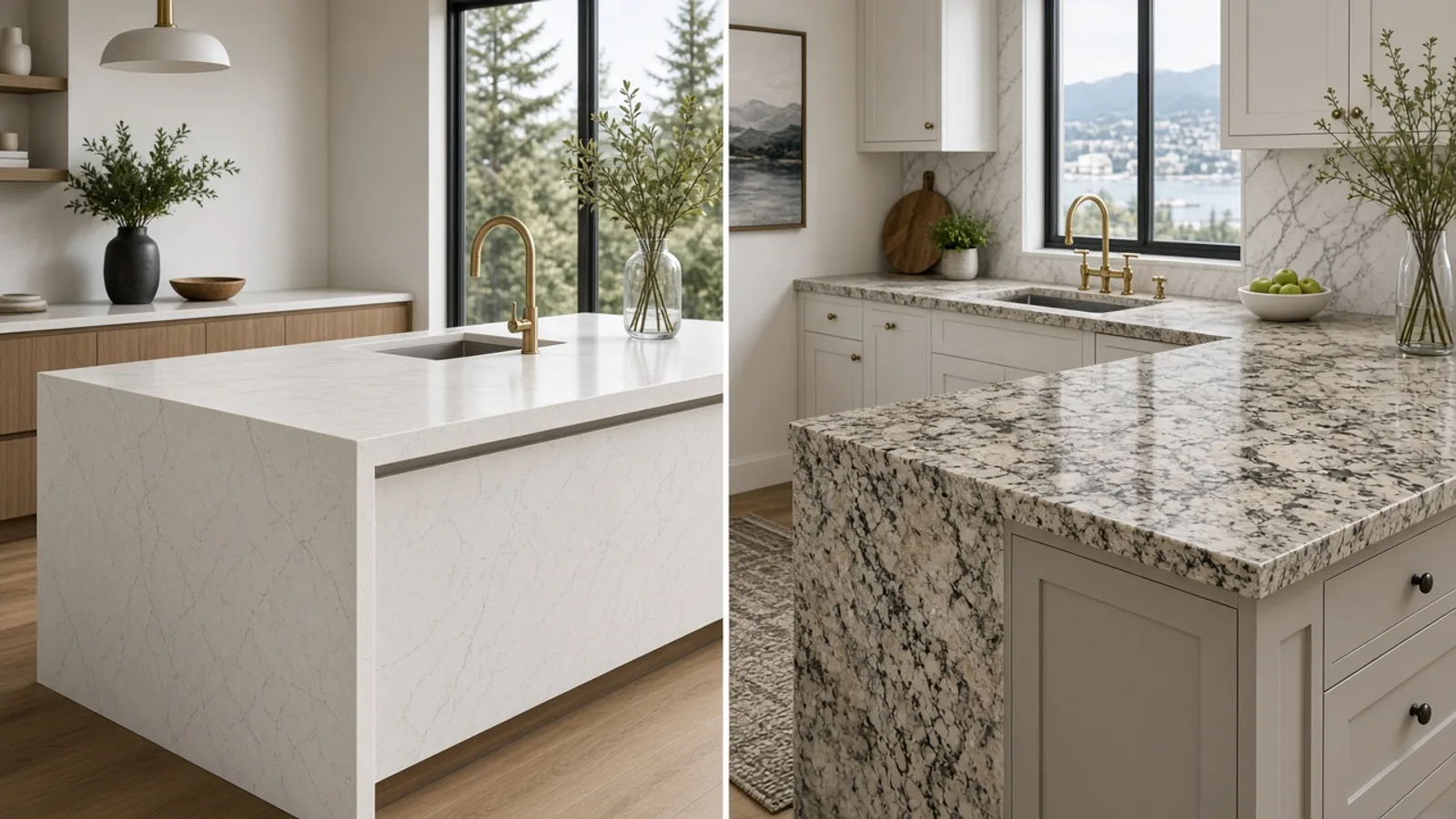 Editorial photograph illustrating Quartz vs Granite Countertops for Vancouver Kitchens